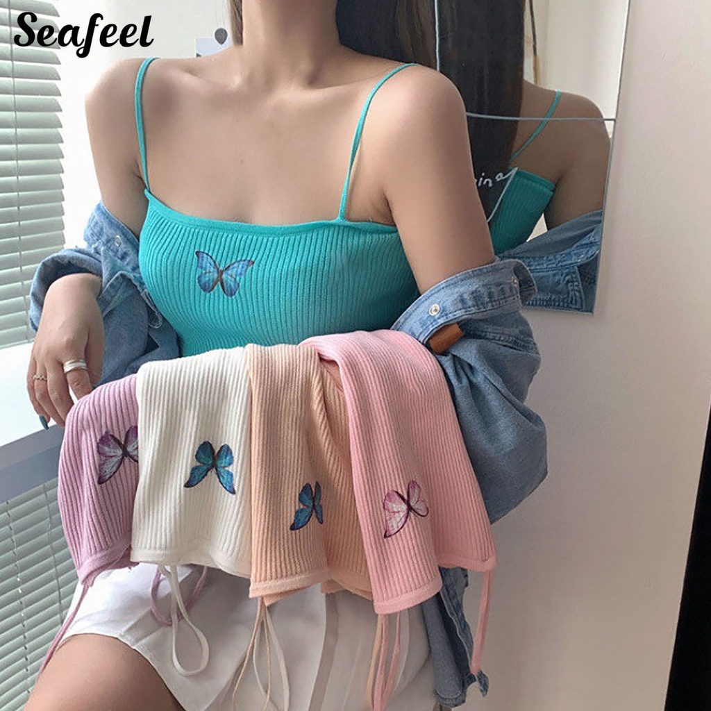 Áo Tank Top Hai Dây Hở Lưng Ôm Dáng Co Giãn In Họa Tiết Bướm Cho Nữ