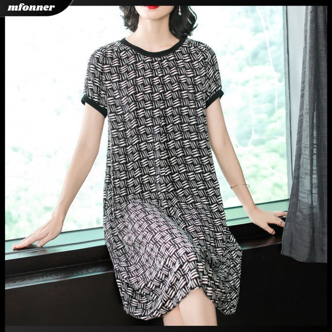 Đầm Midi Tay Ngắn Cổ Tròn In Họa Tiết Hình Học Thời Trang Mùa Hè Xinh Xắn Cho Nữ