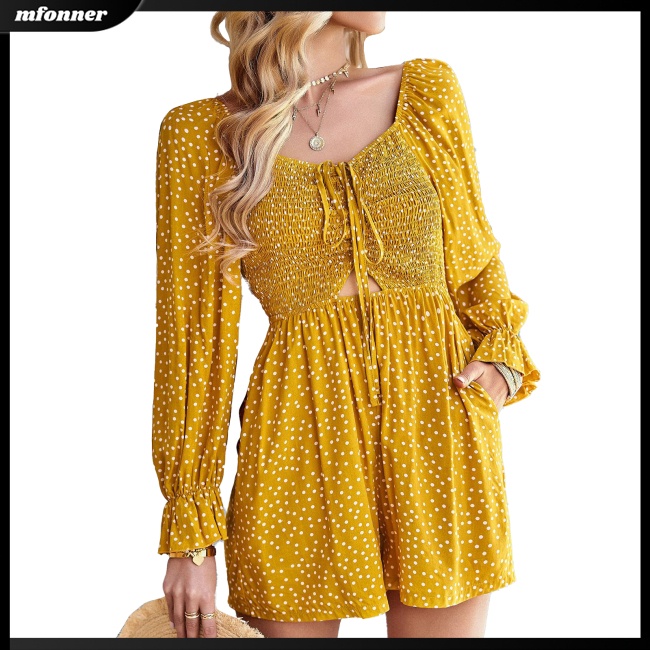 Bộ Áo Liền Quần Tay Dài Phồng In Họa Tiết Chấm Bi Thanh Lịch Cho Nữ