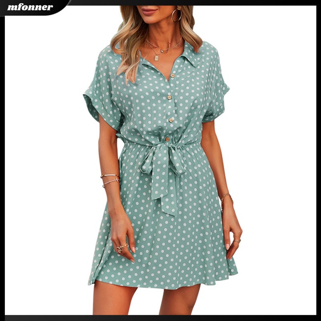 Đầm Tay Ngắn Cổ Bẻ In Họa Tiết Chấm Bi Thời Trang Mùa Hè Xinh Xắn Cho Nữ