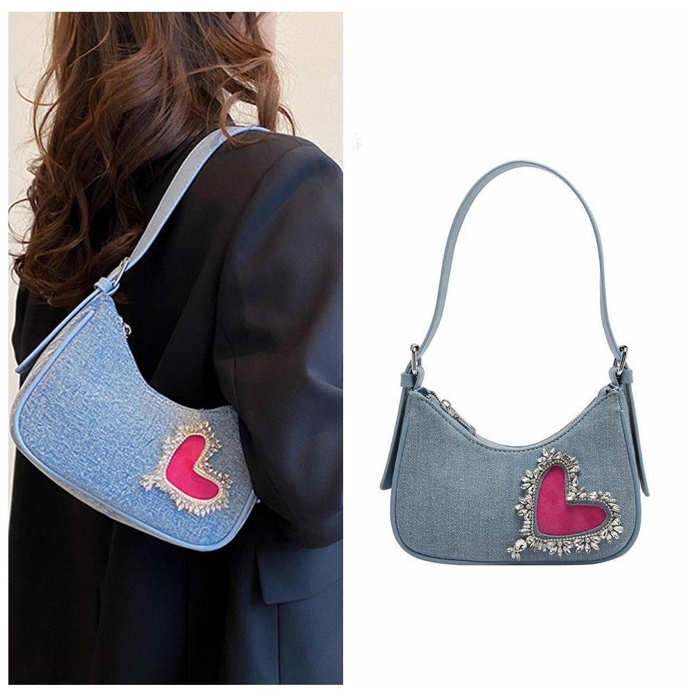 Túi Đeo Chéo Vai Bằng Vải Denim Lấp Lánh Phối Khóa Kéo Thời Trang