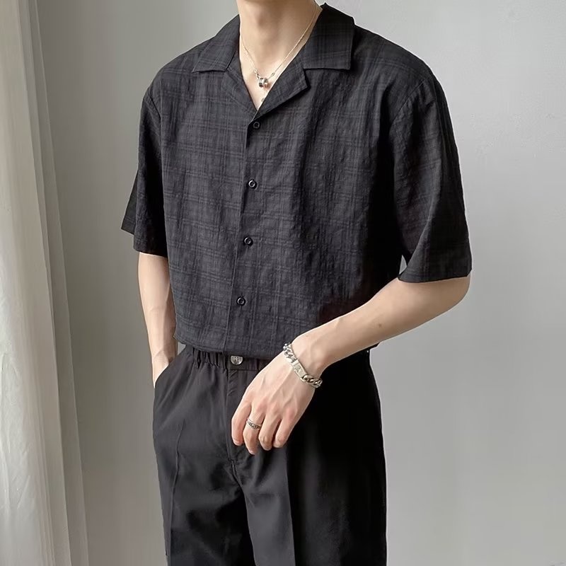 Áo Sơ Mi Nam Tay Ngắn Dáng Rộng Họa Tiết Caro Phong Cách Hàn Quốc