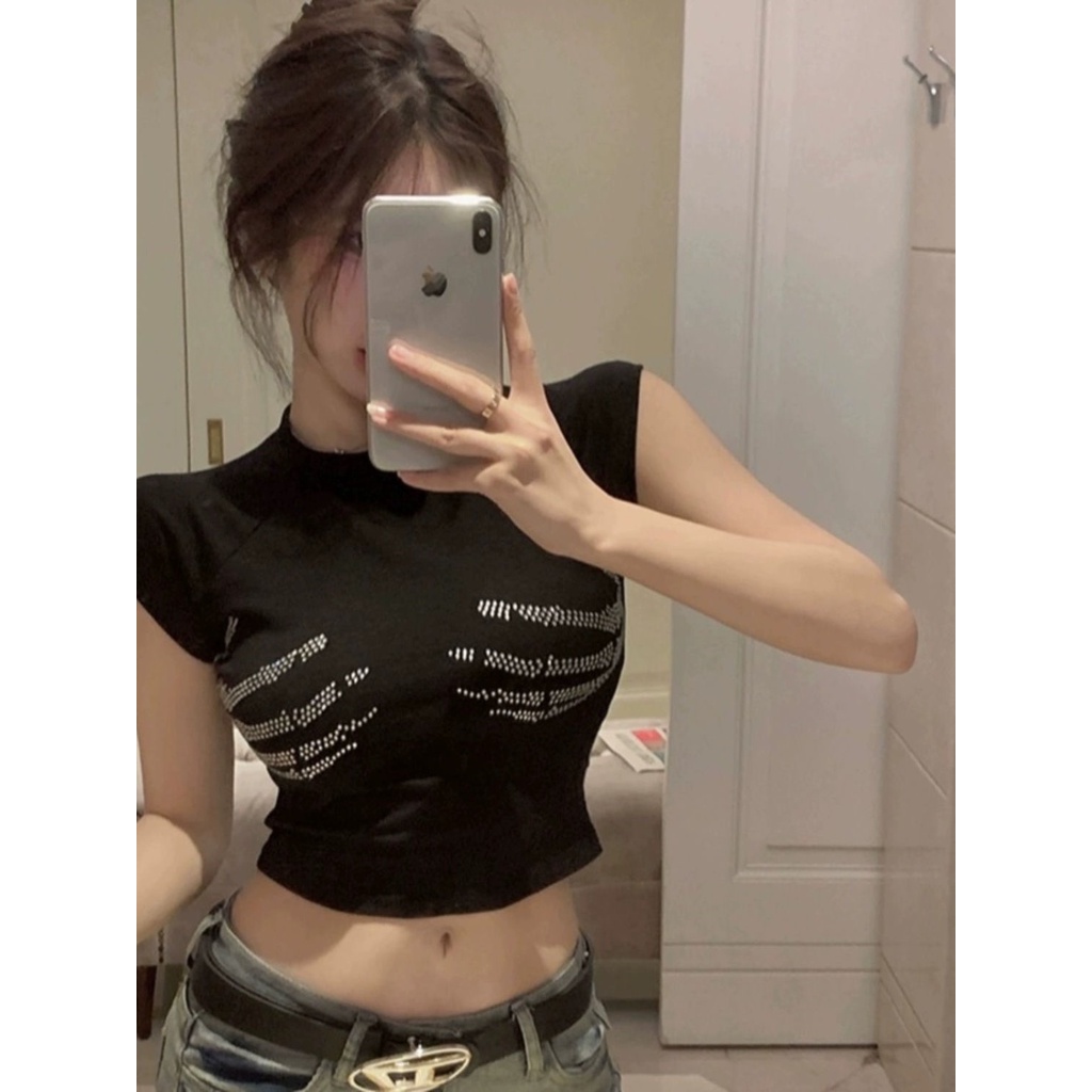 Áo Thun Crop Top Tay Ngắn Dáng Ôm Đính Đá Thời Trang Mùa Hè Quyến Rũ Cho Nữ