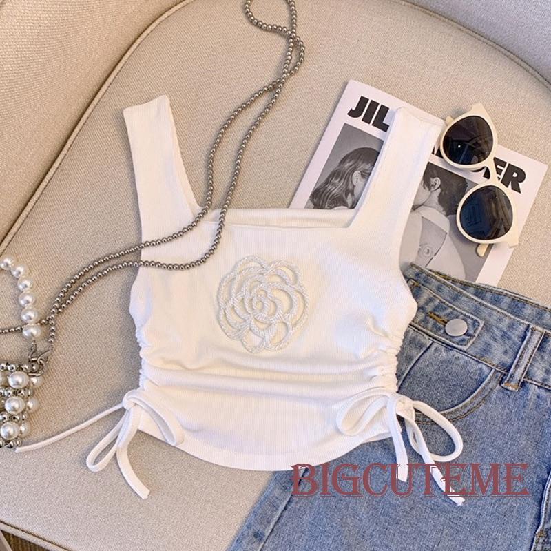 Áo Croptop Không Tay Dây Rút Hở Lưng Thêu Hoa Thời Trang Mùa Hè Dành Cho Nữ
