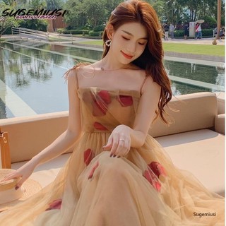 Sugemiusi Đầm Đi Biển Trễ Vai Phong Cách Retro Pháp