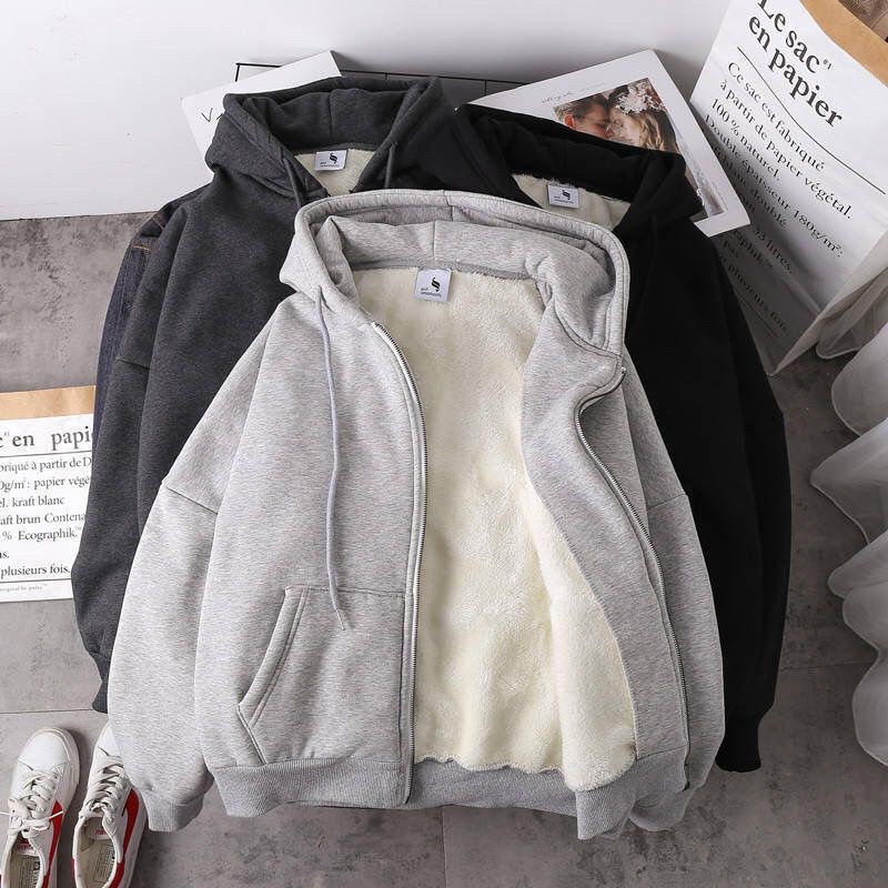 Áo Khoác Hoodie Tay Dài Dáng Rộng Có Túi Và Khóa Kéo Thời Trang Mùa Thu Ấm Áp