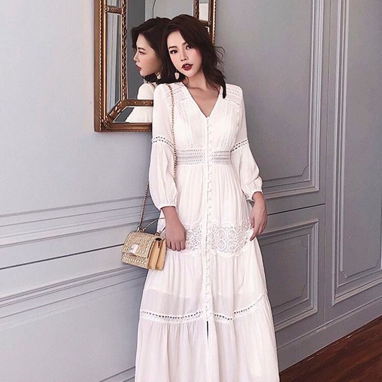 Đầm Trắng Dài Ngang Mắt Cá Chân Eo Cao Tay Dài cotton7.19