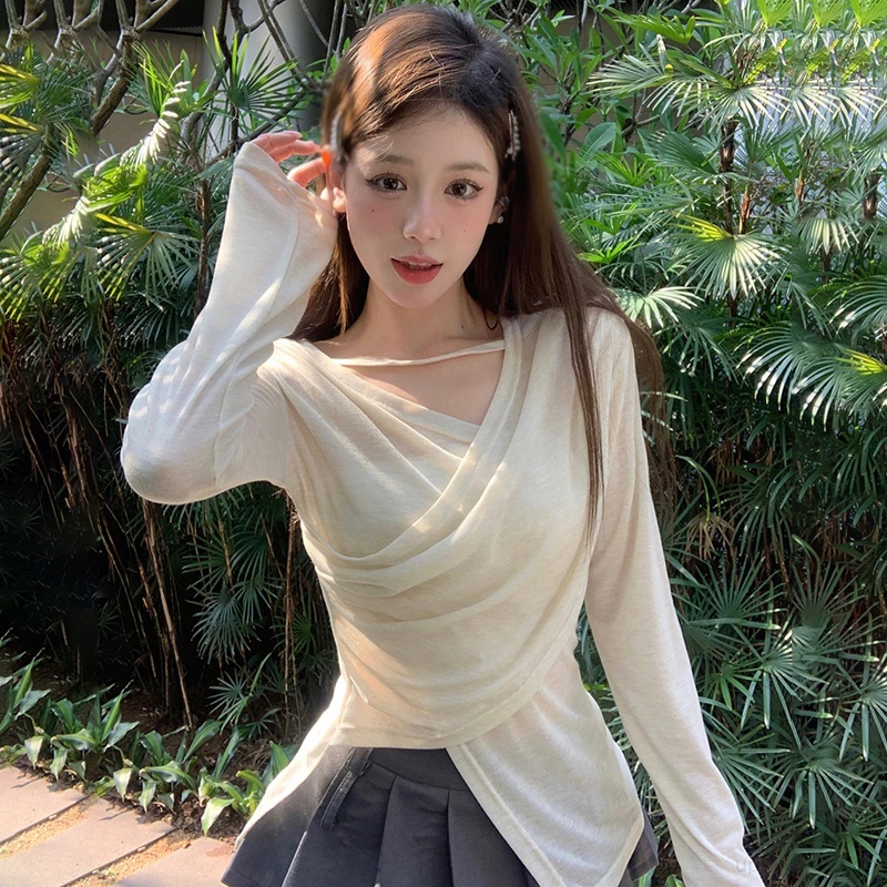 Áo Sơ Mi Mỏng Tay Dài Cổ Chữ V Màu Sắc Trơn Dành Cho Nữ