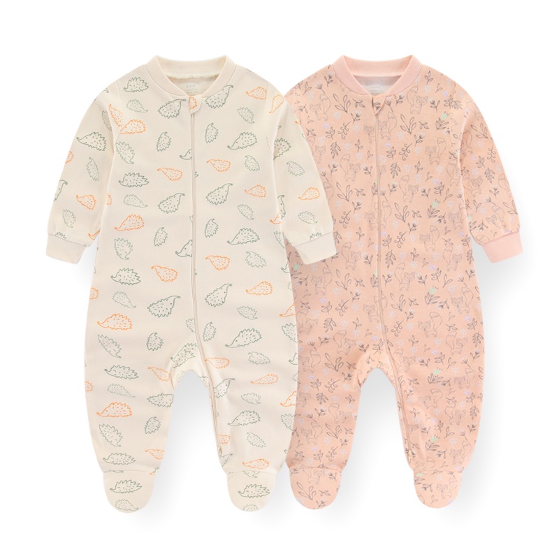Bộ 2 Món Áo Liền Quần 100% Cotton Mềm Mại Tay Dài In Họa Tiết Hoạt Hình Cho Bé Sơ Sinh