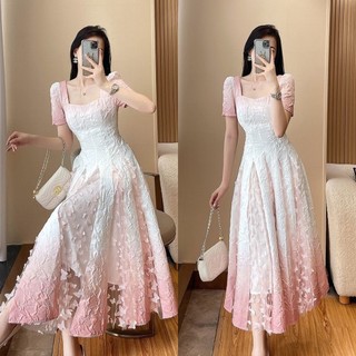 Đầm Dài Cổ Vuông Màu Sắc Gradient Phong Cách Thời Trang Pháp