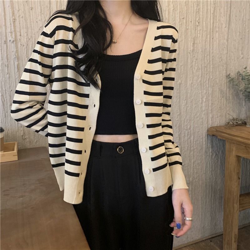 Áo Khoác Cardigan Dệt Kim Kẻ Sọc Trắng Đen Thời Trang Cho Nữ