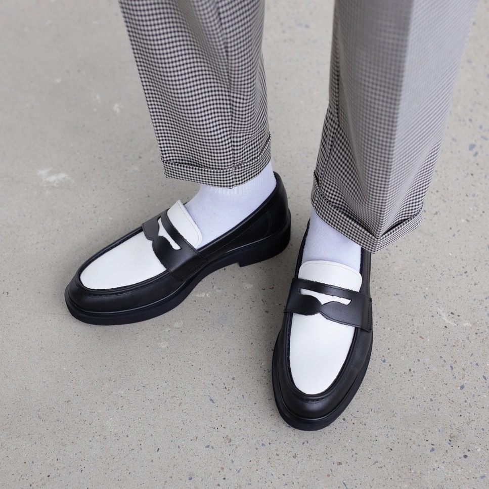 Giày Lười Nam Phối Đen Trắng Thời Trang, Penny Loafer Đế Cao Su Cao 4cm LF-03