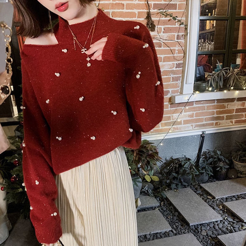 Multiplication half turtleneck sweater women 2023 phong cách mới bầu không khí giáng sinh năm mới áo len đỏ kiểu pháp phong cách phương tây quây hàng đầu q