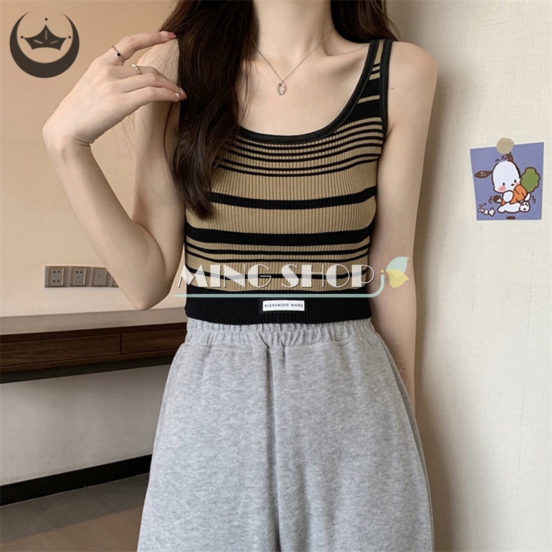 Áo Croptop Dệt Kim Hai Dây Họa Tiết Kẻ Sọc Vintage Thời Trang Mùa Hè Cho Nữ