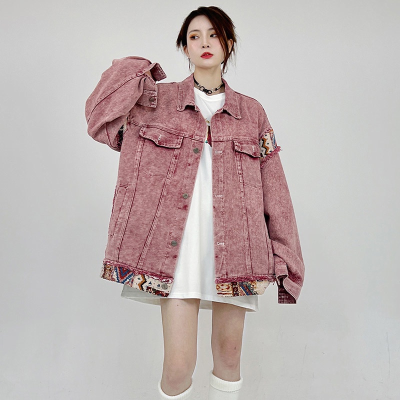 Áo khoác denim YOUTANG khâu họa tiết dáng rộng màu hồng thời trang retro