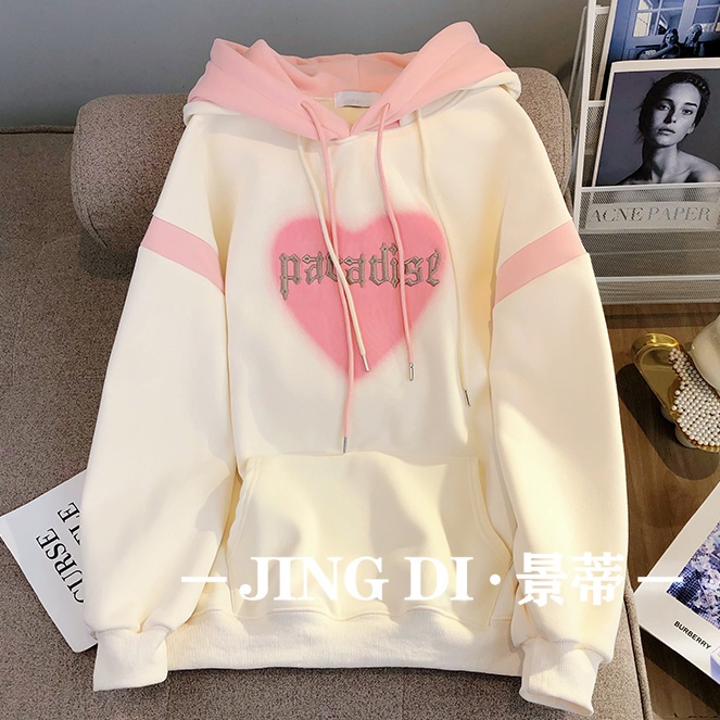 Love pink trùm đầu lông cừu lót dày áo len nữ nhỏ 2023 phong cách mới phong cách preppy lỏng lẻo 100kg hàng đầu