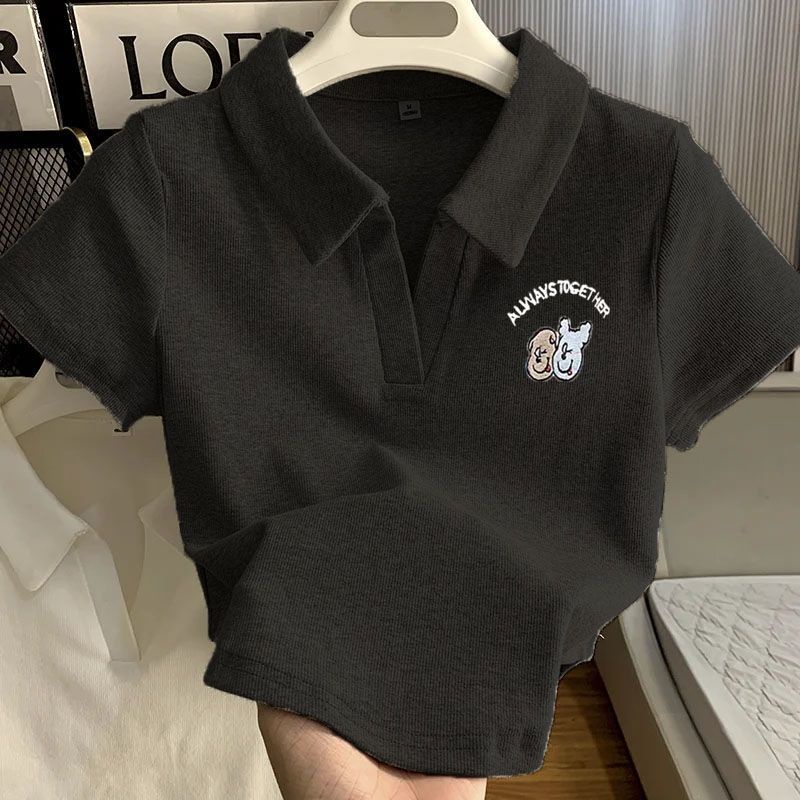 Nữ ngắn tay t-shirt 2023 mùa hè tinh khiết cotton polo cổ phong cách ngắn độc đáo nhỏ cay cô gái top ins