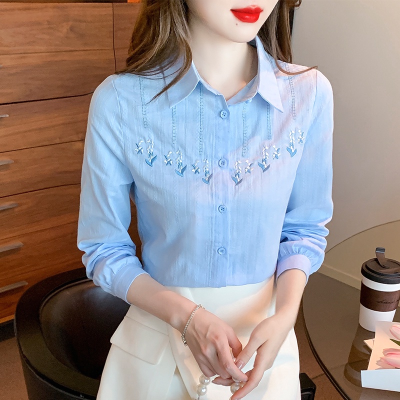 Áo sơ mi nữ/Áo Sơ Mi Nữ Tay Dài Thêu Hoa Lily Phong Cách Mới Mùa Thu 2023 JQA9/Áo Sơ Mi Cách Điệu Hàn Quốc/áo sơ mi công sở nữ áo kiểu/Áo Sơ Mi Trắng Nữ/áo sơ mi nữ dài tay/Vải lanh
