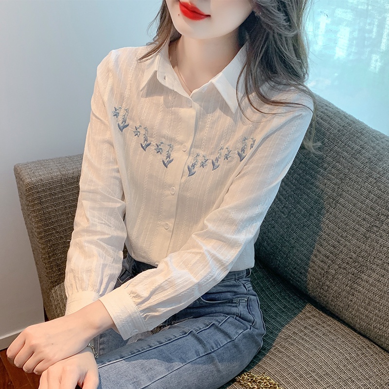 Áo sơ mi nữ/Áo Sơ Mi Nữ Tay Dài Thêu Hoa Lily Phong Cách Mới Mùa Thu 2023 JQA9/Áo Sơ Mi Cách Điệu Hàn Quốc/áo sơ mi công sở nữ áo kiểu/Áo Sơ Mi Trắng Nữ/áo sơ mi nữ dài tay/Vải lanh