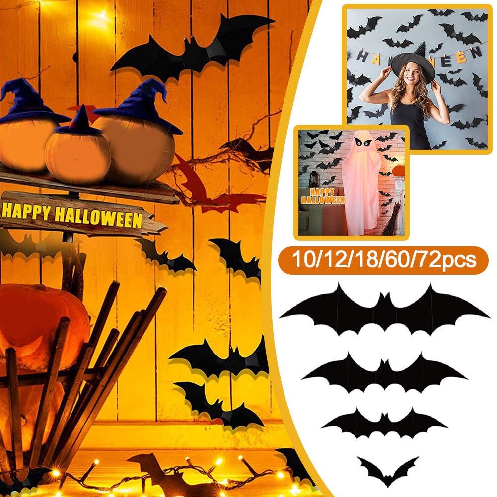 Set 10 / 12 / 18 / 60 Miếng Dán Tường Hình Dơi 3d Màu Đen Trang Trí halloween