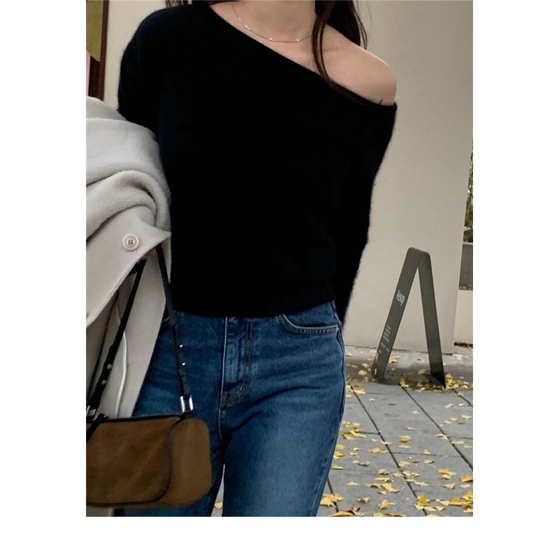 Papv korea chic niche sexy one line collar áo len quây 394