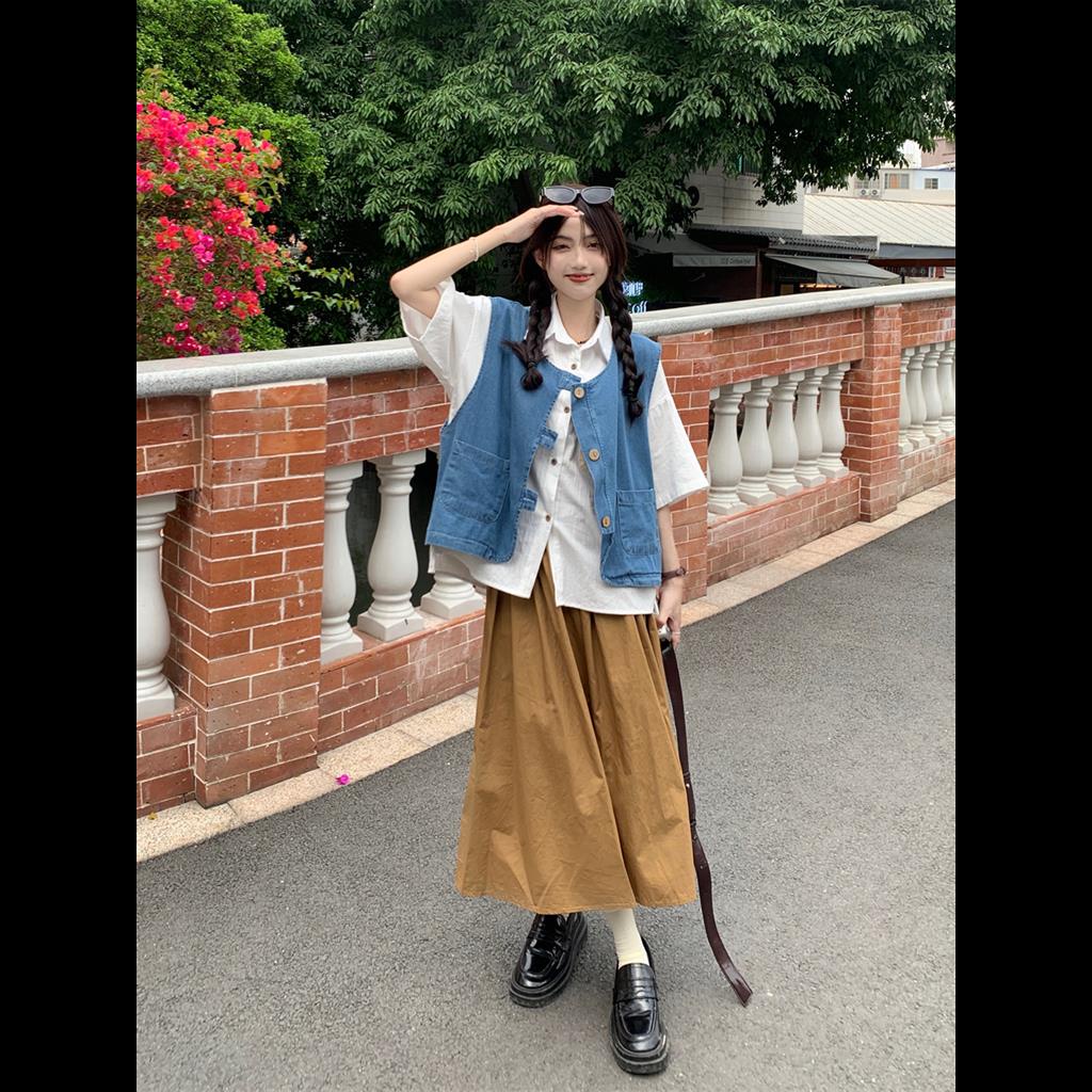 Set Chân váy jean Lưng Cao Và Áo Ba Lỗ Phong Cách hong kong Thời Trang Mới Cho Nữ