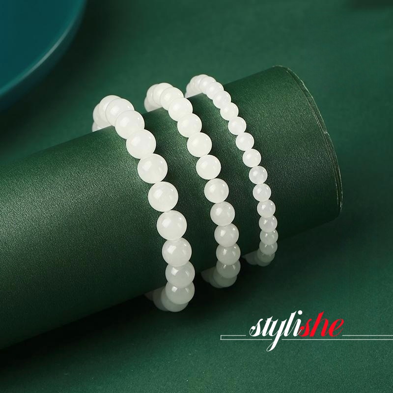 Vòng Tay Chuỗi Hạt Ngọc Bích Giả Màu Trắng Thời Trang Cho Nam Và Nữ 8 / 10 / 12mm
