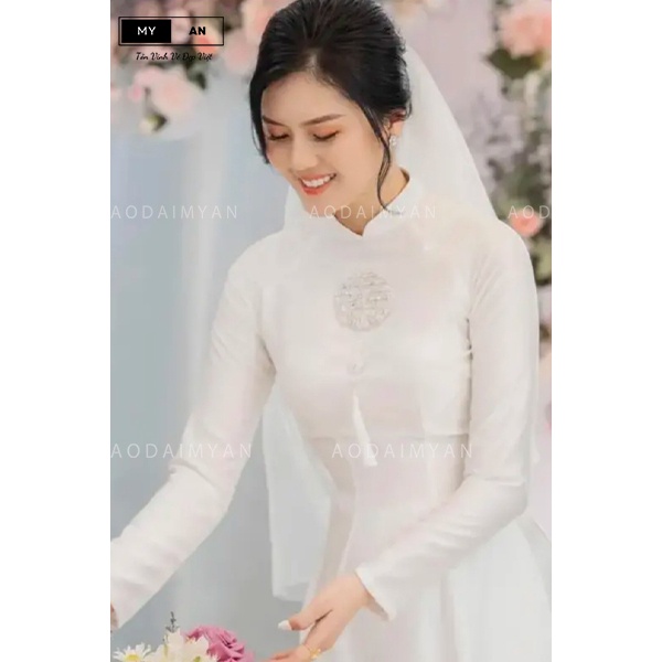 Aó dài cô dâu lụa vân gỗ 2 tà cao cấp, duyên dáng hot trend 2023-AD11