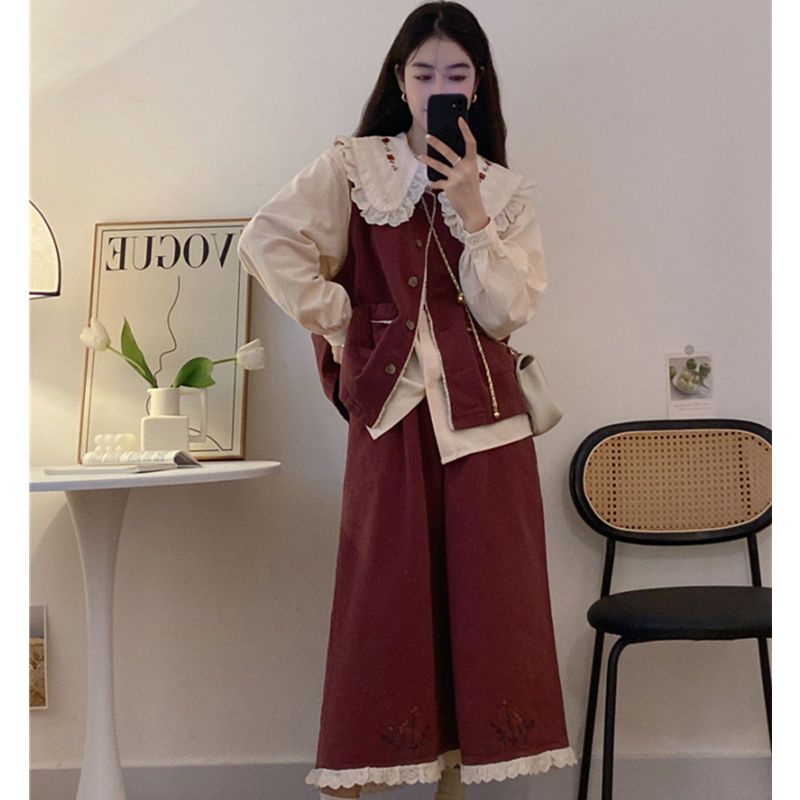 Set Áo Khoác Không Tay + Áo Sơ Mi Cổ Búp Bê + Chân Váy Phong Cách Thời Trang Mới