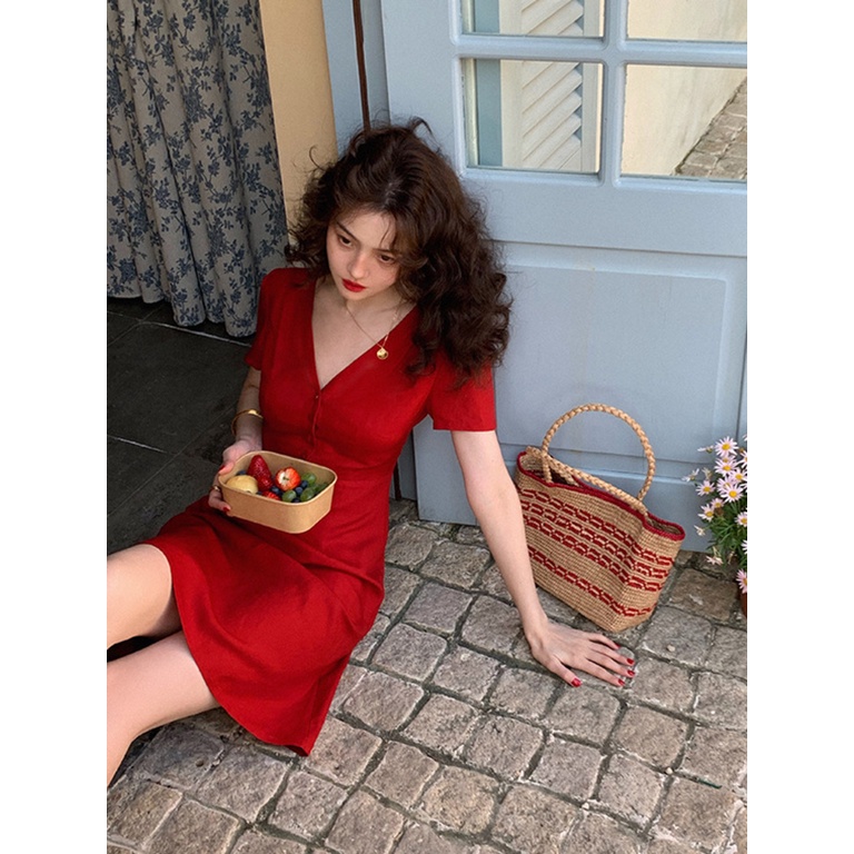 Red short-sleeved v-neck dress pure desire style french feminine slim-fit slimmer look short skirt french summer
