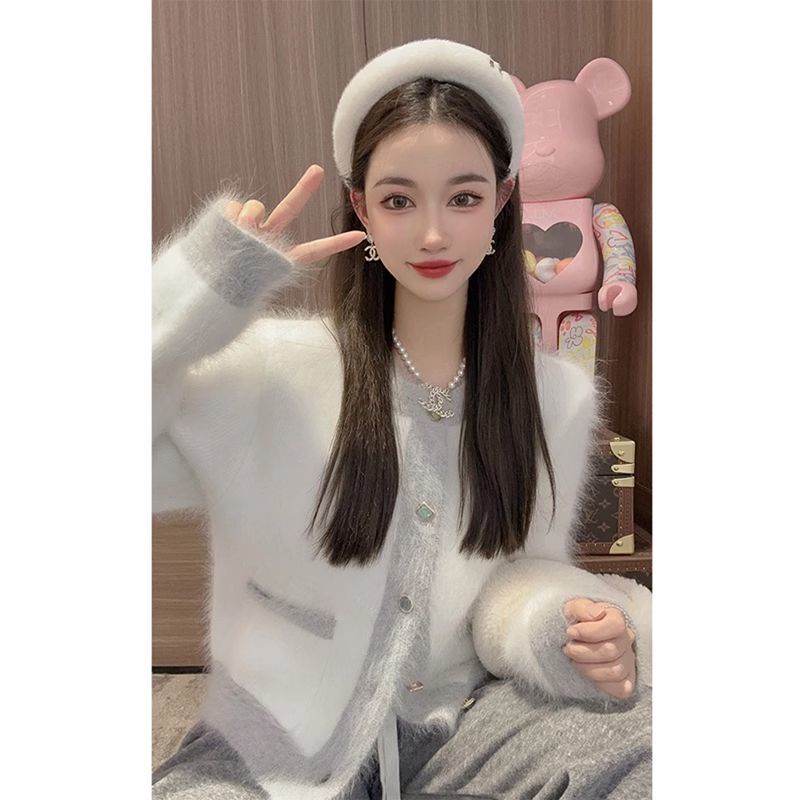 Áo Khoác cardigan Dệt Kim Vải Lông Cừu Màu Hồng Phong Cách Pháp Thời Trang Thu Đông Mới Cho Nữ