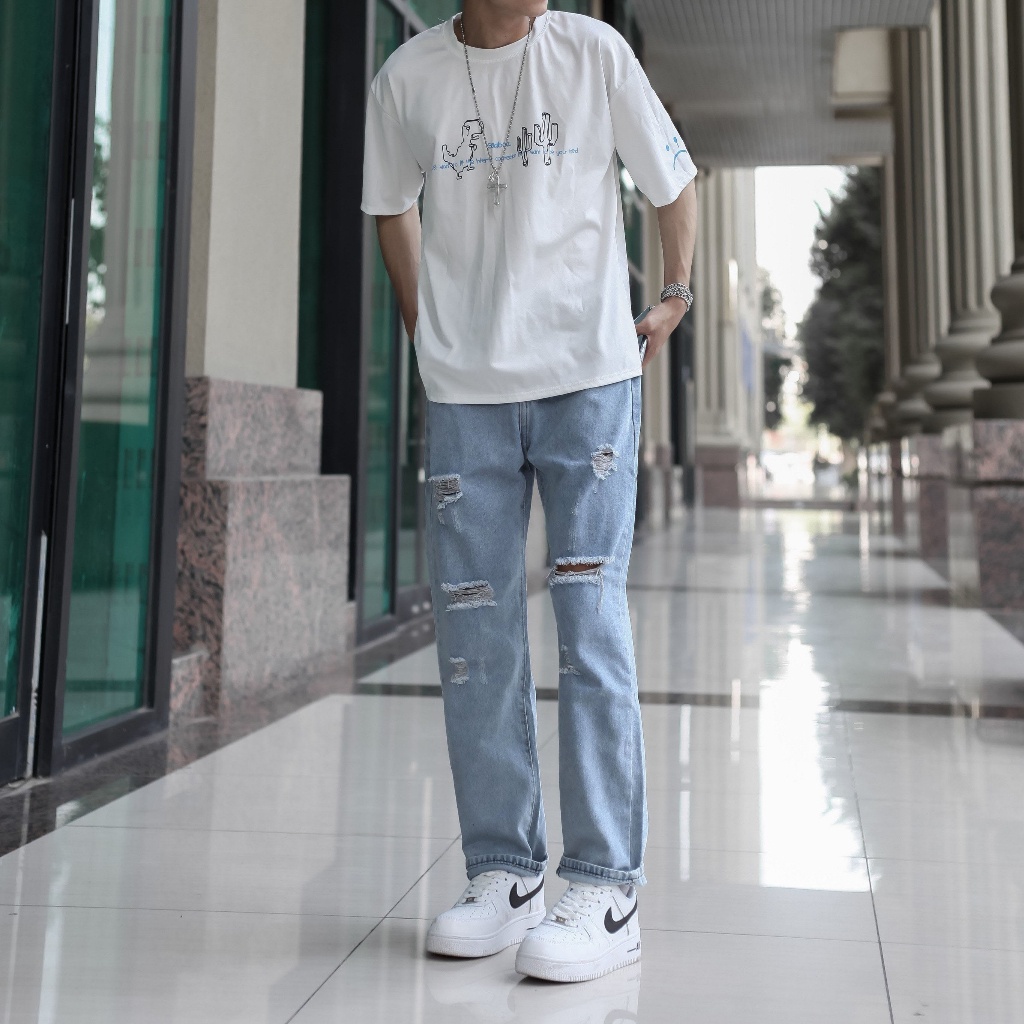 Quần jean rách nam nữ unisex dáng baggy phom rộng  màu xanh nhạt chuyensiluxury hà nội hcm