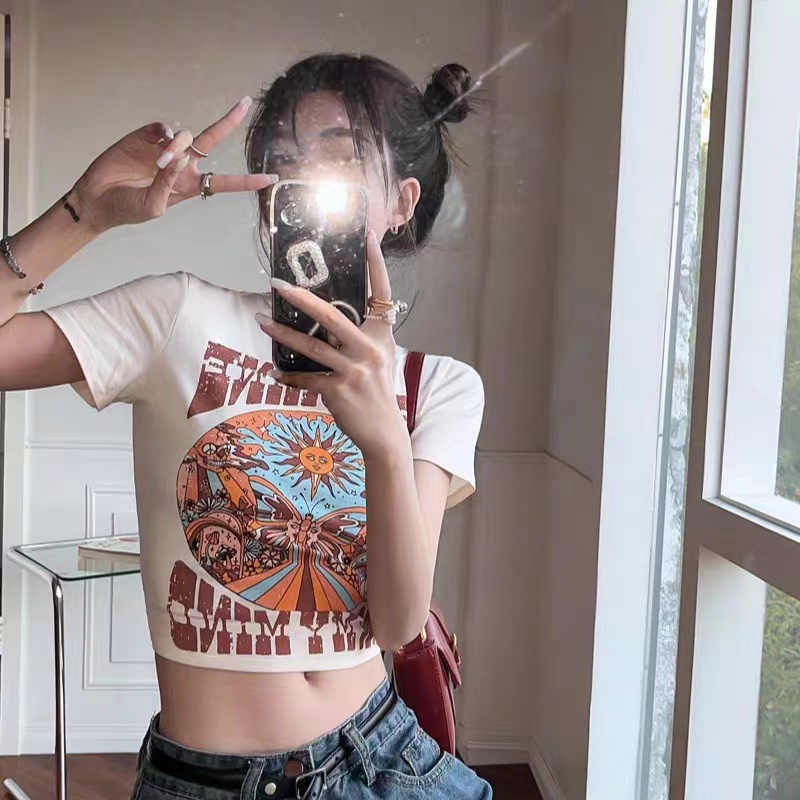 GgFashion Áo Thun Baby Tee Nữ Cổ Tròn Hè Tay Ngắn Phong Cách Retro, Thời Trang Xinh Xắn