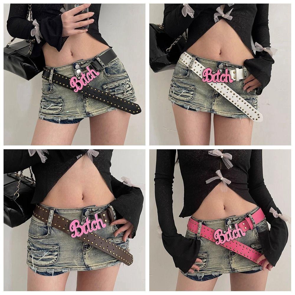 Oceanmap Thắt Lưng Da pu Màu Hồng Đính Đinh Tán Và Chữ Cá Tính Cho Nam y2k