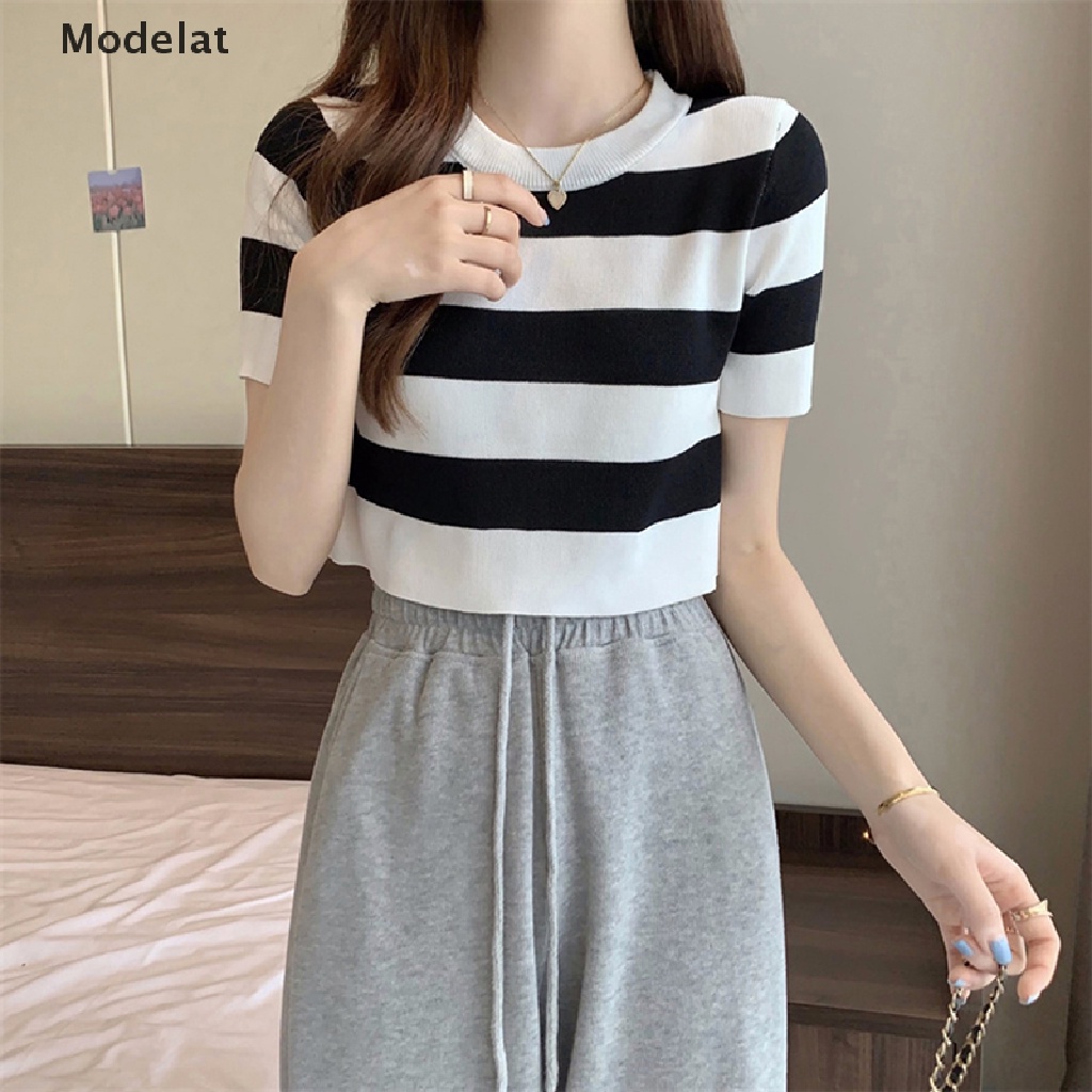 Áo croptop dệt kim GJCUTE tay ngắn cổ tròn họa tiết kẻ sọc phong cách vintage thời trang mùa hè cho nữ