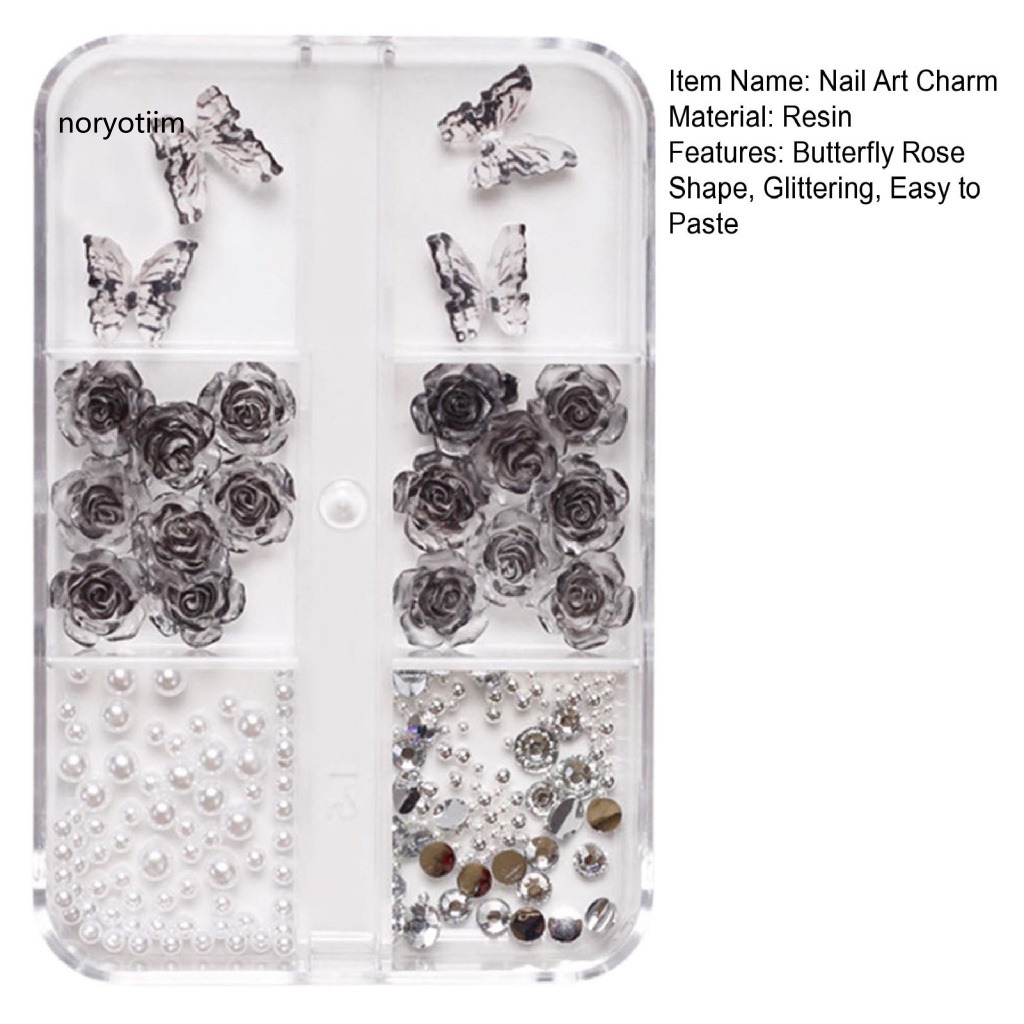 1 Hộp Phụ Kiện Trang Trí Móng Tay Hình Bướm Và Hoa Hồng 3D Bằng Nhựa Resin