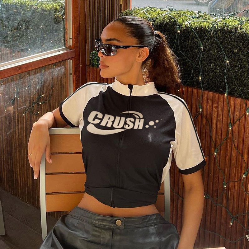 Áo Thun Cardigan Ngắn Tay Cổ Lọ Phối Khóa Kéo Thời Trang Cho Nữ