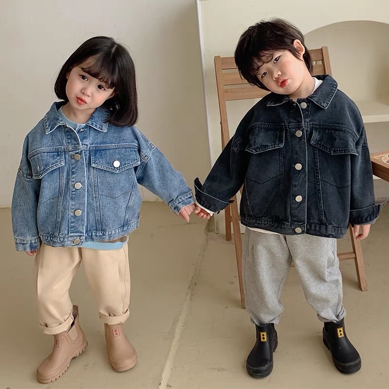 Áo khoác jean cho bé trai và bé gái tay dài phong cách ulzzang Hàn Quốc