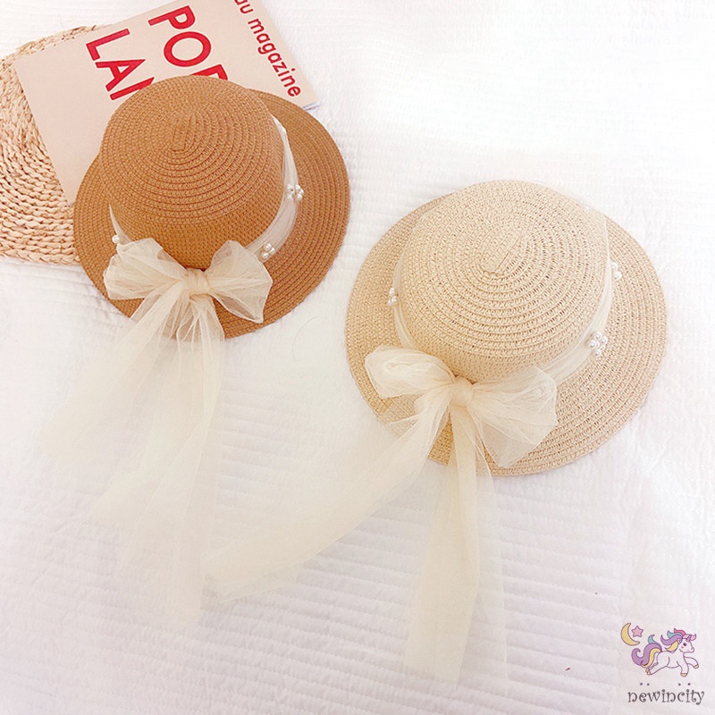 Mũ Cói Chống Nắng Đính Nơ Lưới Thời Trang Mùa Hè Hàn Quốc Cho Bé Gái
