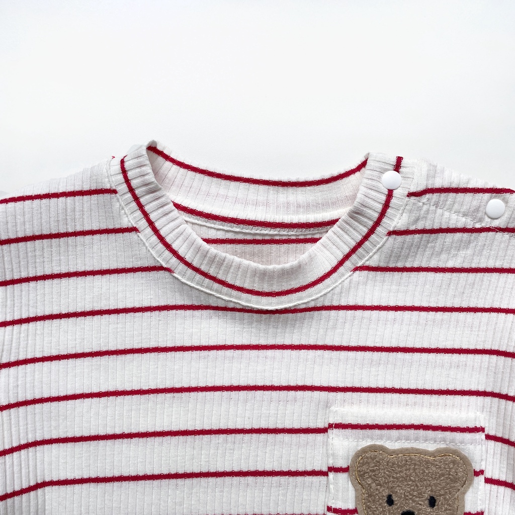 Bộ Áo Liền Quần Tay Ngắn Chất Liệu Cotton Họa Tiết Kẻ Sọc / Chú Gấu Dễ Thương Cho Bé Từ 0-2 Tuổi
