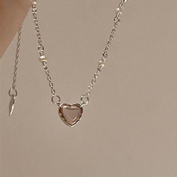 Vòng cổ Mạ Bạc 925 Đính Ngọc Trai Hình Trái Tim Sang Trọng Cho Nữ