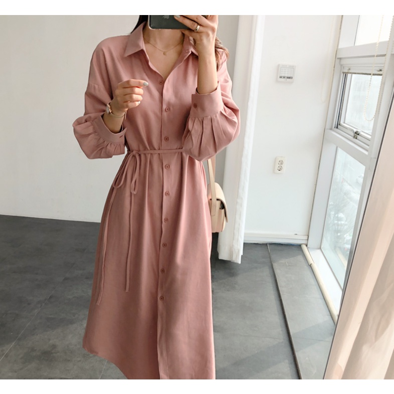 Đầm Sơ Mi Nữ Dáng Rộng Màu Trơn Buộc Dây Kiểu Hàn Quốc Thời Trang Mùa Xuân