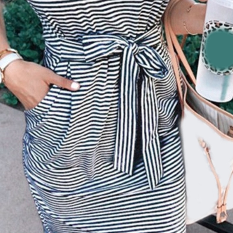 Đầm Thun Kẻ Sọc Phối Túi Thời Trang Mùa Hè Cho Nữ