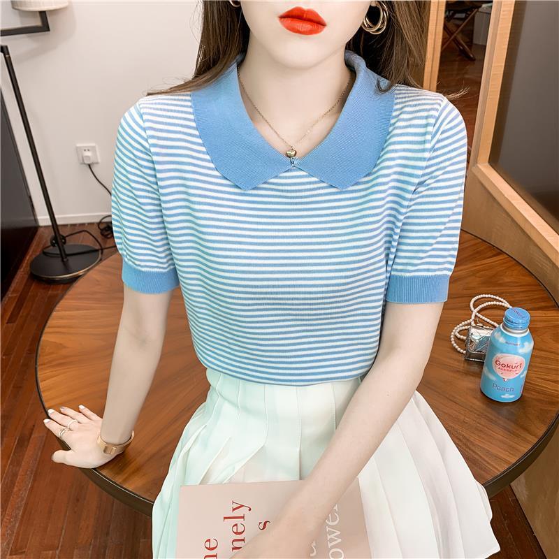 Áo Thun Tay Ngắn Cổ Búp Bê Họa Tiết Kẻ Sọc Thời Trang Mùa Hè Phong Cách Hàn Quốc Cho Nữ