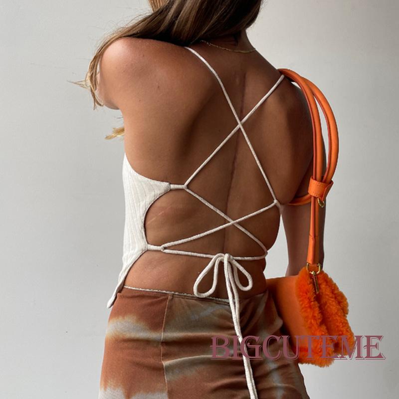 [] - Áo Croptop Dệt Kim Không Tay Hở Lưng Màu Trơn Đơn Giản Thời Trang Mùa Hè Dành Cho Nữ - Màu Xanh Lam / Trắng /