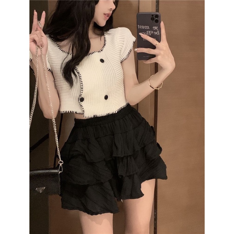Set Áo Thun Ngắn Tay Cổ Vuông + Chân Váy Xếp Tầng Lưng Cao Phong Cách Mới Cho Nữ