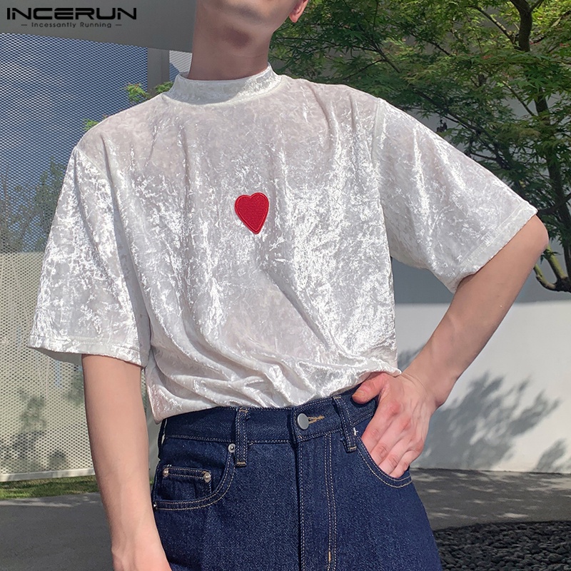 INCERUN Áo Thun Tay Ngắn Cổ Cao Chất Liệu Nhung Cao Cấp Thời Trang Cho Nam