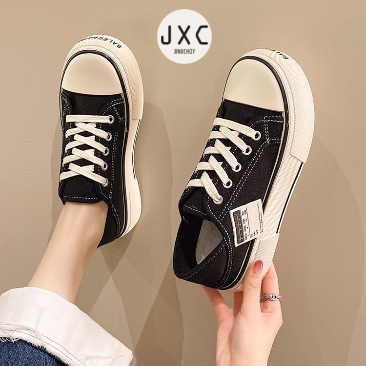 Giày thể thao JINXCHOY chất vải canvas mũi tròn thoáng khí màu trơn cột dây kiểu dáng thời trang