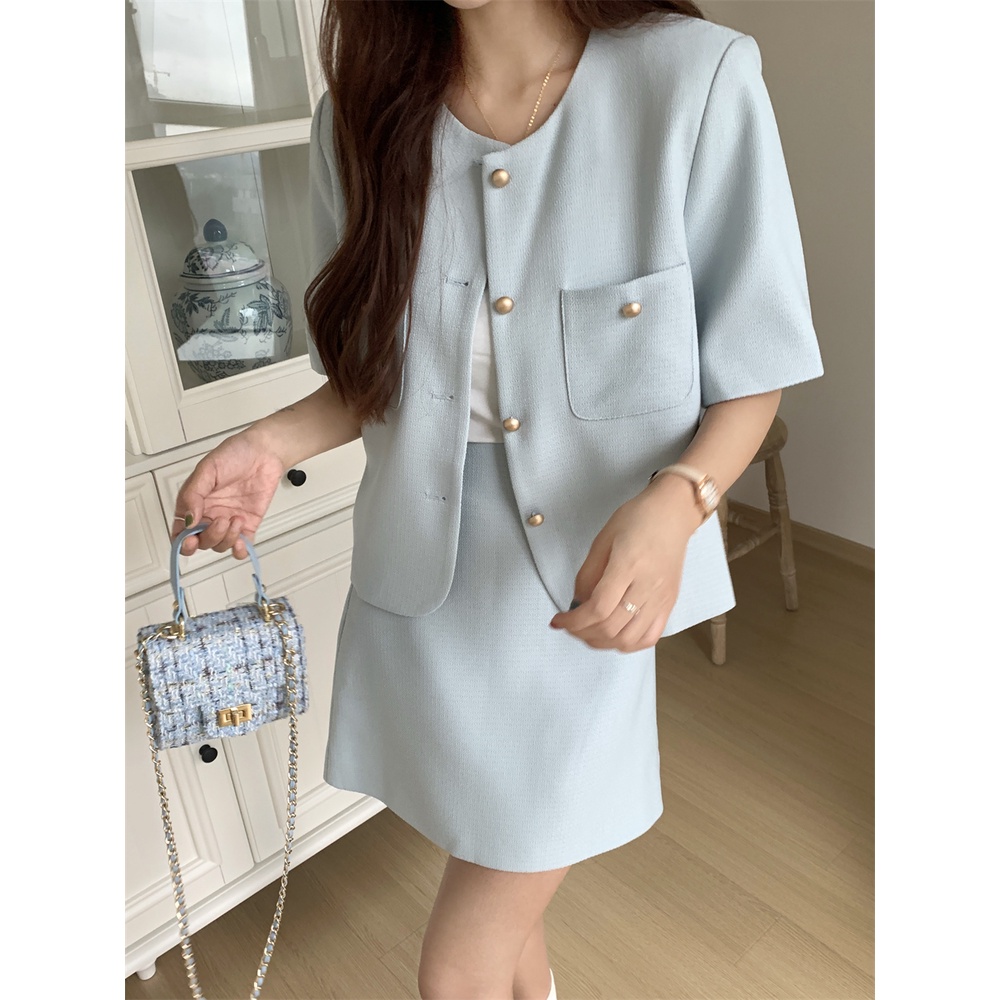 Bộ Áo Khoác Ngắn Tay + Chân Váy Lưng Cao Ôm Dáng Xinh Xắn Dành Cho Nữ