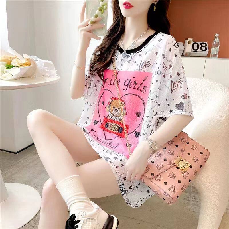 Áo Thun Lụa Lạnh Mỏng Tay Ngắn Dáng Rộng Thời Trang Mùa Hè Cho Nữ